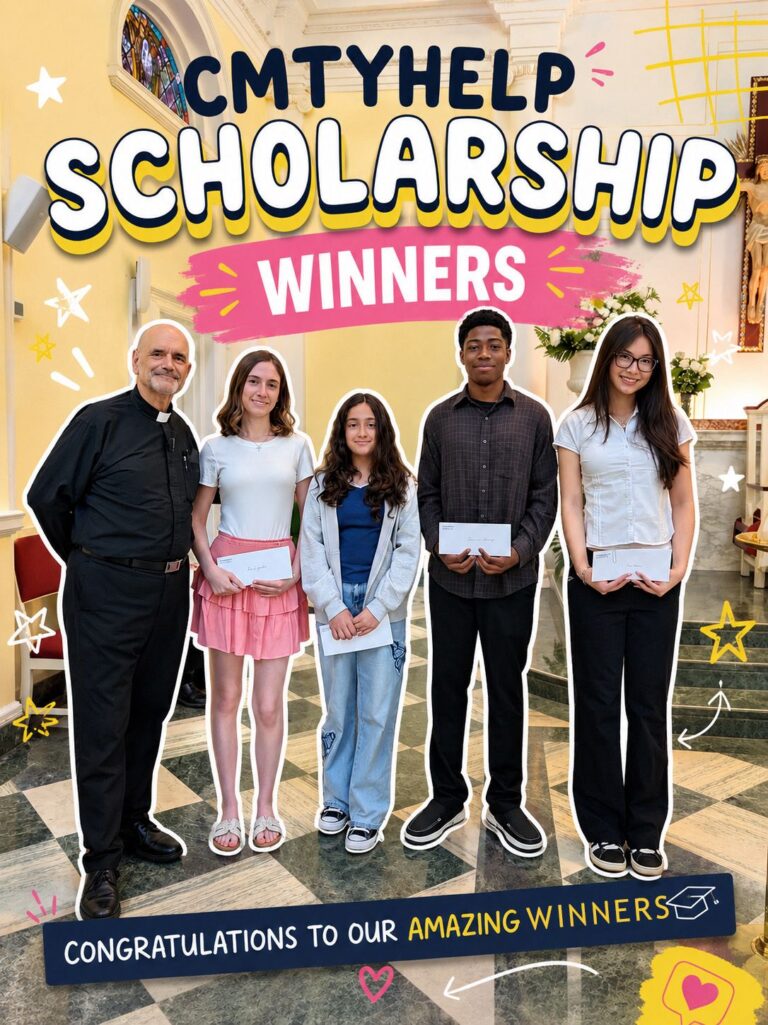 Cmtyhelp Scholarship 2026 Winners: Left to right .Rev. Fr.Arthur Mastrolia, Sara Zuppardi,Lila Leiva, Emmanuel Olusanya,Kalea Tom